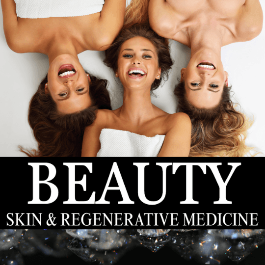 Beauty-540 - beautysm.us Three smiling women with heads together in a circle, viewed from above; bold 'BEAUTY' and 'Skin & Regenerative Medicine' text on a black banner across the bottom.